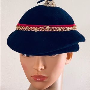 Mid Century Navy Topper hat With pearls/for girls.